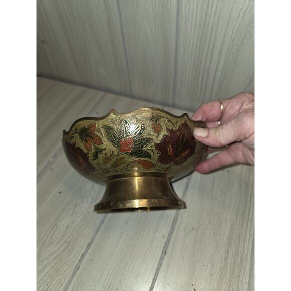 Vtg Cloisonne Brass Enamel Bowl Floral Pedestal Chinese Dish Catch All Ornate - Picture 6 of 8